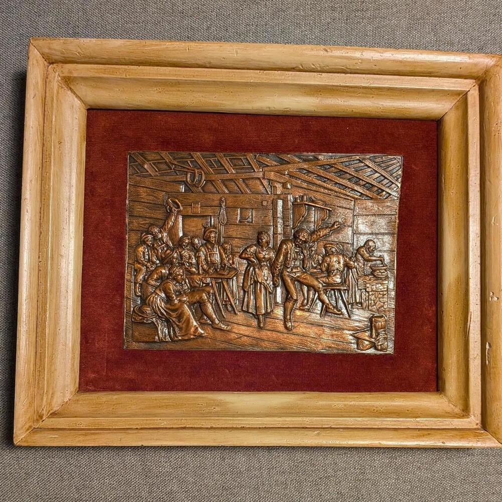 1950s vintage repoussé metal tavern scene wall hanging Dutch/Flemish bar art